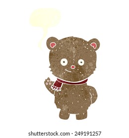 caricatura agitando un oso de peluche con burbuja de habla