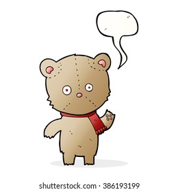 cartoon waving teddy bear with speech bubble