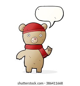 caricatura agitando un oso de peluche con burbuja de habla