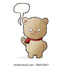 cartoon waving teddy bear with speech bubble