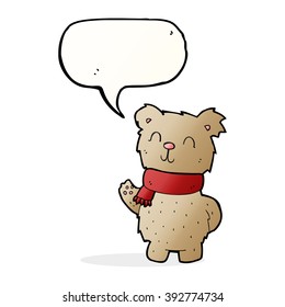 caricatura agitando un oso de peluche con burbuja de habla