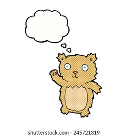 cartoon waving teddy bear with thought bubble