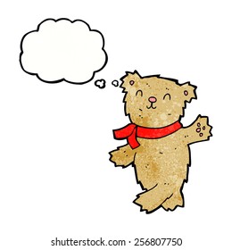 cartoon waving teddy bear with thought bubble