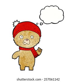 cartoon waving teddy bear with thought bubble