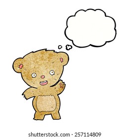 caricatura agitando un osito de peluche con burbuja de pensamiento