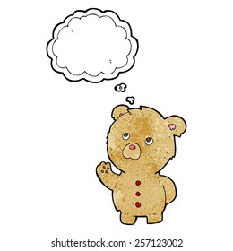 caricatura agitando un osito de peluche con burbuja de pensamiento