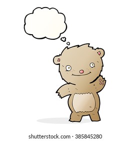 cartoon waving teddy bear with thought bubble