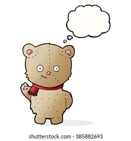 cartoon waving teddy bear with thought bubble