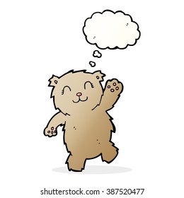 caricatura agitando un osito de peluche con burbuja de pensamiento