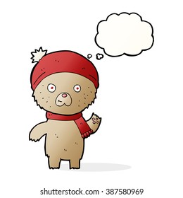 cartoon waving teddy bear with thought bubble