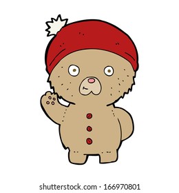 cartoon waving teddy bear in winter hat