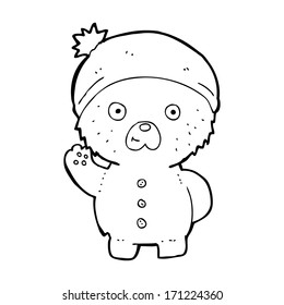 cartoon waving teddy bear in winter hat