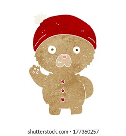 cartoon waving teddy bear in winter hat