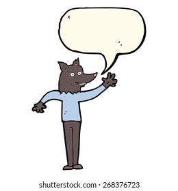 cartoon waving wolf man with speech bubble
