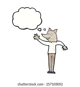 caricatura saludando al lobo con burbuja de pensamiento