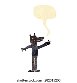 cartoon waving wolf with speech bubble