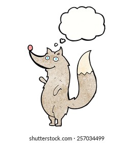 cartoon waving wolf with thought bubble