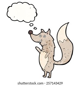 caricatura saludando al lobo con burbuja de pensamiento