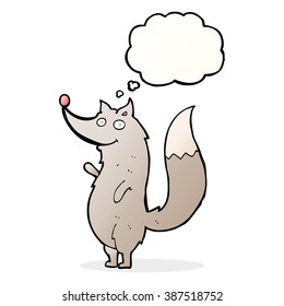 caricatura saludando al lobo con burbuja de pensamiento