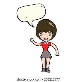 cartoon waving woman with speech bubble