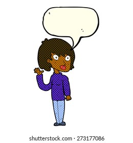 cartoon waving woman with speech bubble