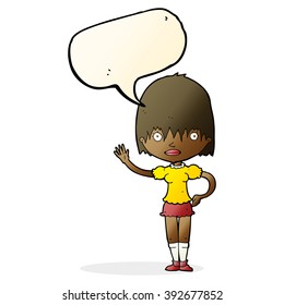 cartoon waving woman with speech bubble