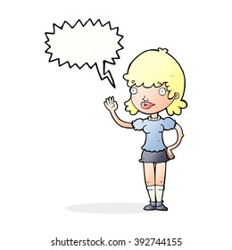 cartoon waving woman with speech bubble