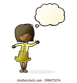 cartoon waving woman with thought bubble