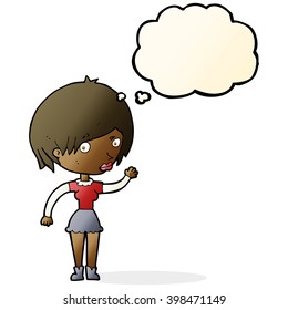 cartoon waving woman with thought bubble