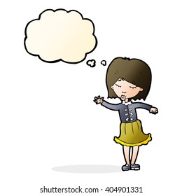 cartoon waving woman with thought bubble