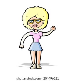 cartoon waving woman wearing spectacles