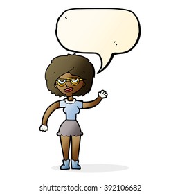 cartoon waving woman wearing spectacles with speech bubble
