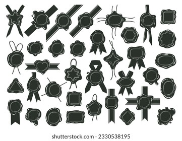 Cartoon wax seals silhouettes. Monochrome set of wax stamps, black postage seal flat vector illustration set. Vintage postal wax seal collection