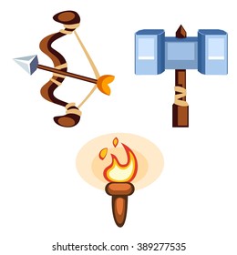 Cartoon weapons set, bow, hammer, torch