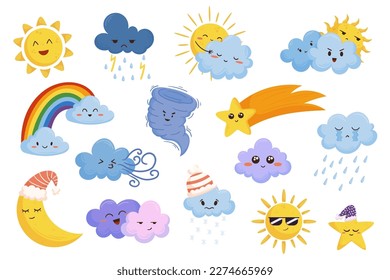 Cartoon Weather Characters Depicting Various Weather Conditions Sun, Rain, Snow, Thunderstorm, And Wind. Set of Icons For Creating Educational Materials, Children's Books. Cartoon Vector Illustration