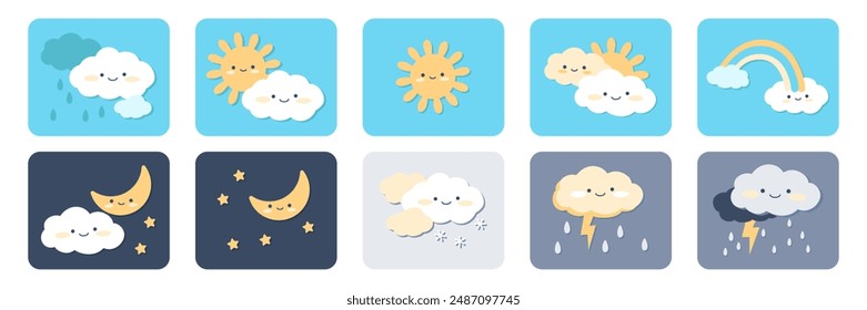 Cartoon weather characters depicting various weather conditions collection. Sun, rain, snow, thunderstorm, rainbow, cloud. Set of icons for creating educational materials, cards and childrens books.