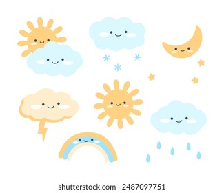 Cartoon weather characters depicting various weather conditions collection. Sun, rain, snow, thunderstorm, rainbow, cloud. Set of icons for creating educational materials, cards and childrens books.