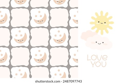 Patrón de caracteres de Clima de dibujos animados y conjunto de elementos de diseño. Sol, luna, nubes. Colección para niños diseño de guardería. Ilustración vectorial de dibujos animados.