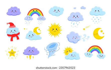 Personajes y personajes del tiempo de caricatura. Sol vectorial, nubes, estrellas, lluvia y tornado, arcoiris y nieve con caras lindas. Criaturas infantiles divertidas de verano e invierno para aplicaciones de juegos, libros o pronósticos