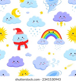 Cartoon weather characters seamless pattern. Vector tile background with sun, clouds, stars, rain and tornado, rainbow and snow cute childish personages. Repeated ornament for wallpaper, or textile