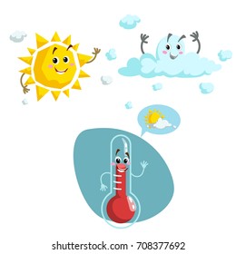 Cartoon weather characters set. Friendly sun, cloud and smiling thermometer mascot. Speech bubble with sun and clouds. Vector illustration icons collection.