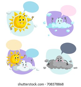 Cartoon weather characters set. Friendly sun, cloud and thunderstorm cloud. Speech bubbles. Vector climate icons collection.
