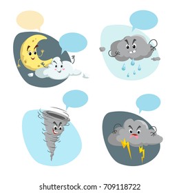 Cartoon weather characters set. Friendly crescent moon, rain cloud with raindrops, thunderstorm cloud with lightning and tornado. Speech bubbles. Vector climate icons collection.