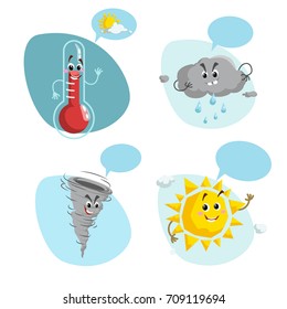 Cartoon weather characters set. Friendly sun, raindrop cloud, smiling thermometer mascot and funny tornado. Speech bubble with sun and clouds. Vector illustration icons collection.