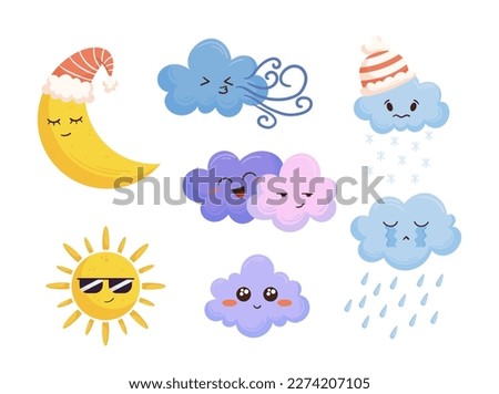 Cartoon Weather Characters Set, Isolated Icons of Sun, Cloud, Raindrop, Snowflake, And Sleeping Moon or Wind. Various Meteorology Personages for Forecasting Presentations. Cartoon Vector Illustration
