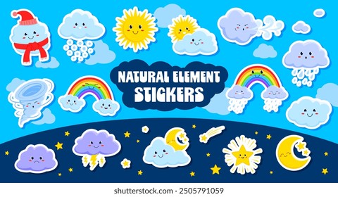 Pegatinas de personajes de Clima de dibujos animados. Parches adhesivos de Vector de Elementos naturales como el sol, las nubes, la estrella, el tornado y el arco iris, la media luna, la lluvia y la nieve. Calcomanías en un estilo infantil lindo y agradable