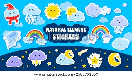 Cartoon weather characters stickers. Vector adhesive patches of natural elements like the sun, clouds, star, tornado and rainbow, crescent, rain and snow. Decals in a cute and friendly childish style