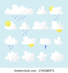 Nubes meteorológicas de dibujos animados aisladas en conjunto de vectores de cielo azul.