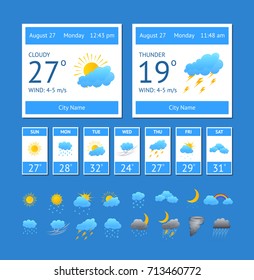 Cartoon Weather Color Element Set Interface Phone or Computer Meteorology Forecast Concept for Web Design Flat Style. Vector illustration