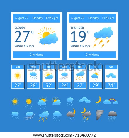 Cartoon Weather Color Element Set Interface Phone or Computer Meteorology Forecast Concept for Web Design Flat Style. Vector illustration